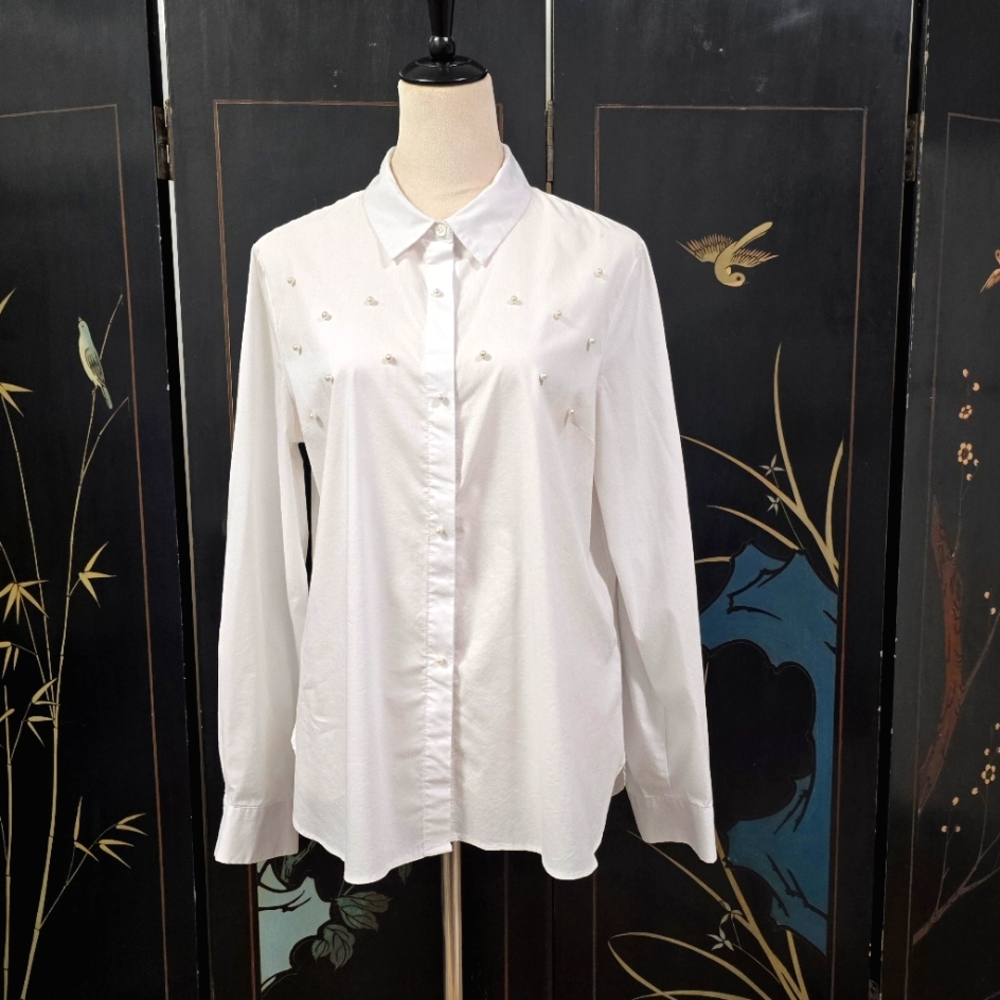 2/$30 Sharagano White‎ Button Down Womens Shirt Pearl Details Size L